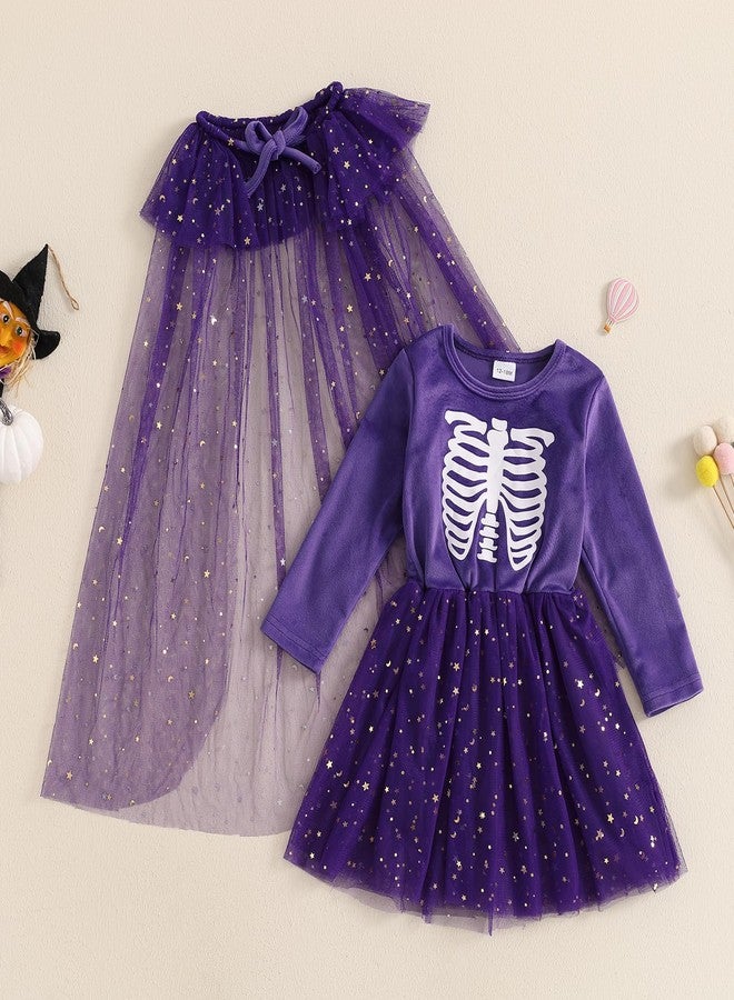 Yccutest Toddler Halloween Velvet Tutu Dress + Tulle Cape Baby Girl 2 Piece Pumpkin Costume Halloweeen Skeleton Dress Set (Purple,3-4 Years) - Image 2